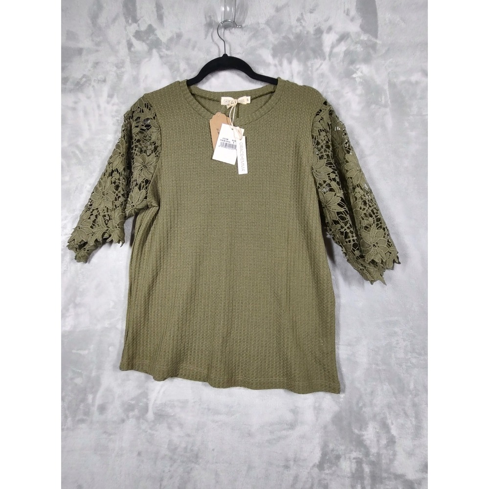 Grace+Emma Womens Olive Green Waffle Knit Top Floral Crochet Lace Sleeves Small